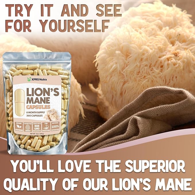 XPRS Nutra Organic Lions Mane Supplement Capsules - 360 Count (180 Day Supply) of Premium Lion's Mane Mushroom Capsules for Mental Clarity, Cognition and Immunity Lions Mane Powder Capsules