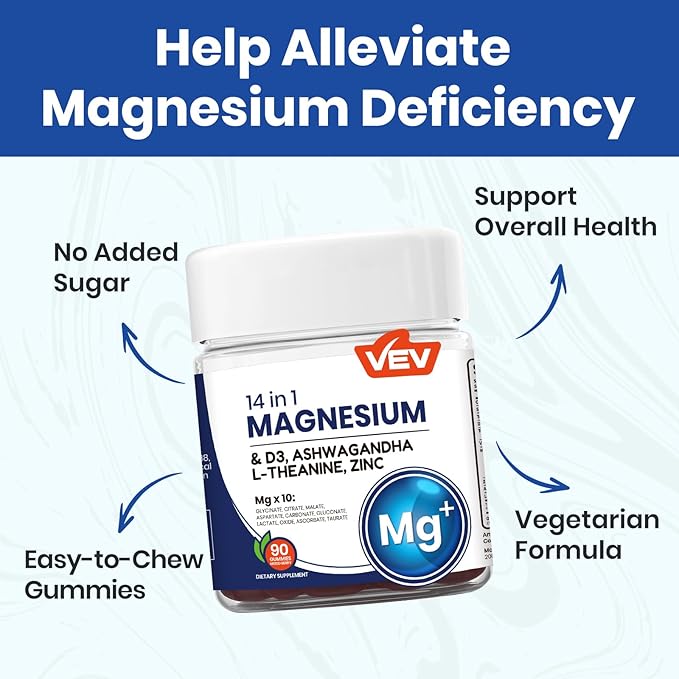 VEV Magnesium Glycinate & Citrate Gummies – Ashwagandha Gummies with D3 & Zinc – Cortisol Supplements for Women – Sugar-Free Vegan Magnesium Complex Gummies – 90 Count