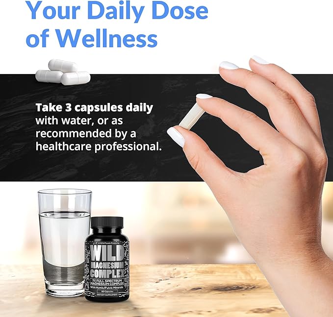 Wild Foods Magnesium Complex Supplement with 7X Forms, 90 Capsules | High Absorption, Full Spectrum, Easy Digestion | 500mg Glycinate, Bisglycinate, Malate, Orotate, Citrate, Taurate