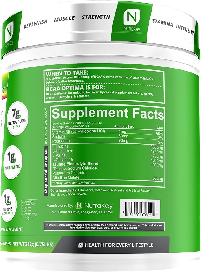 NutraKey BCAA Optima Post Workout Recovery Complex, No Sugar, No Carb, Recovery Aid, Fruit Punch