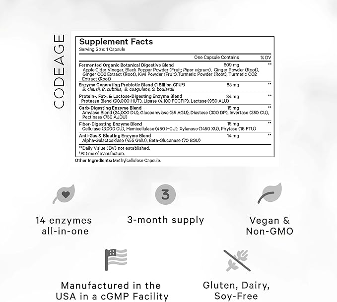 Codeage Fermented Digestive Enzymes Supplement 3-Month Supply - 14 Digestive Enzymes, Probiotics, Prebiotics, Fermented Botanicals, Plant-Based Multi Pancreatic Enzymes - 1 Capsule a Day - 2-Pack