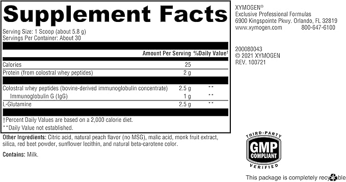 XYMOGEN GI Protect - IgG Immunoglobulin L-Glutamine Powder Supplement - Supports GI Lining + Gut Health, Cytokine Balance, Immune Health + Tissue Repair, Sugar & Stevia Free - Peach Flavor (6.14 oz)