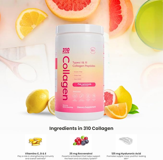 310 Nutrition - Collagen Peptides Protein Powder - Collagen Supplement - Multi Collagen Protein with Vitamins C, D, and E – Keto Friendly – Pink Lemonade 30 Servings