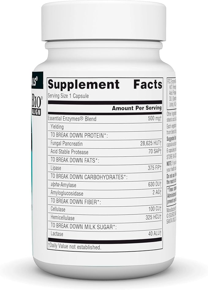 Source Naturals Essential Enzymes 500mg Bio-Aligned Multiple Enzyme Supplement Herbal Defense for Digestion, Gas, Constipation & Bloating Relief - Supports Immune System* - 60 Vegetarian Capsules