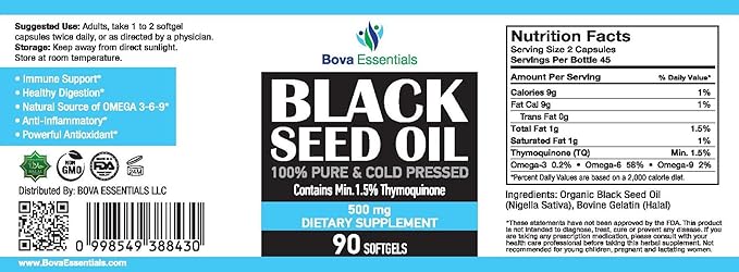 HalalEveryDay Organic Black Seed Oil - USDA Certified Cold Pressed Glass Bottle Over 1.5% Thymoquinone 3X Strength Turkish Black Cumin Nigella Sativa Non-GMO 100% Pure Blackseed Oil (Capsules)
