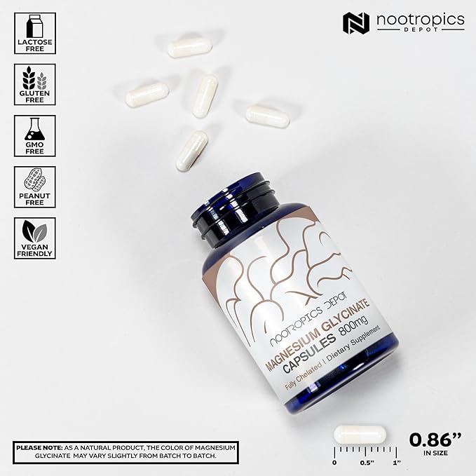 Nootropics Depot Magnesium Glycinate Capsules | 180 Count | Mineral Supplement | Magnesium Supplement | Supports Heart, Muscle, Nerve, and Bone Health