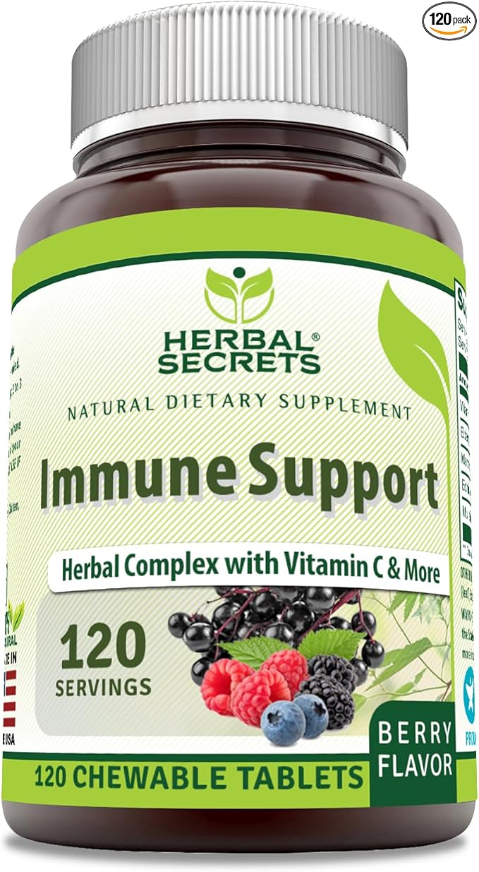 Herbal Secrets Immune Support with Vitamin C & Elderberry | Berry Flavor Chewable Tablets | 120 Count | Non-GMO | Glute-Free | Made in USA