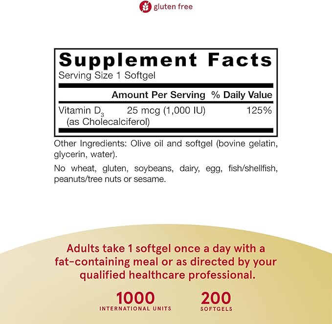 Jarrow Formulas® Vitamin D3 25 mcg, Dietary Supplement, Bone and Joint, Support for Immune Health and Calcium Metabolism, 200 Softgels, 200 Day Supply