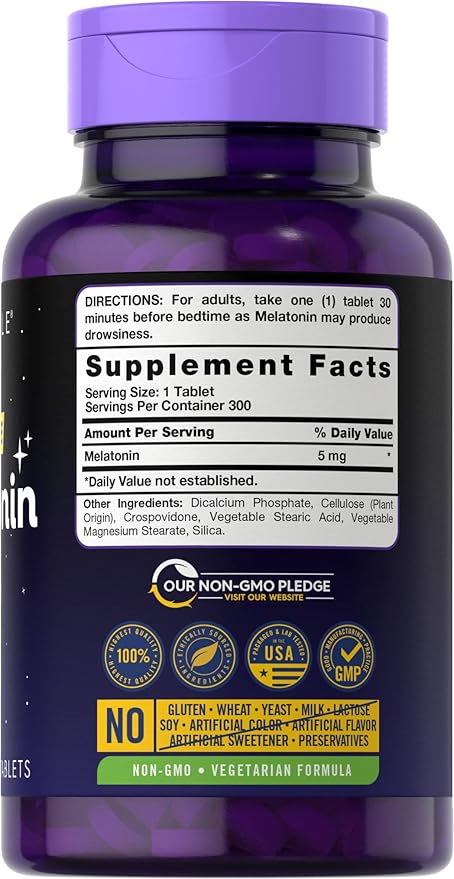Carlyle Melatonin 5mg | 300 Tablets | Drug Free Supplement | Vegetarian, Non-GMO, Gluten Free