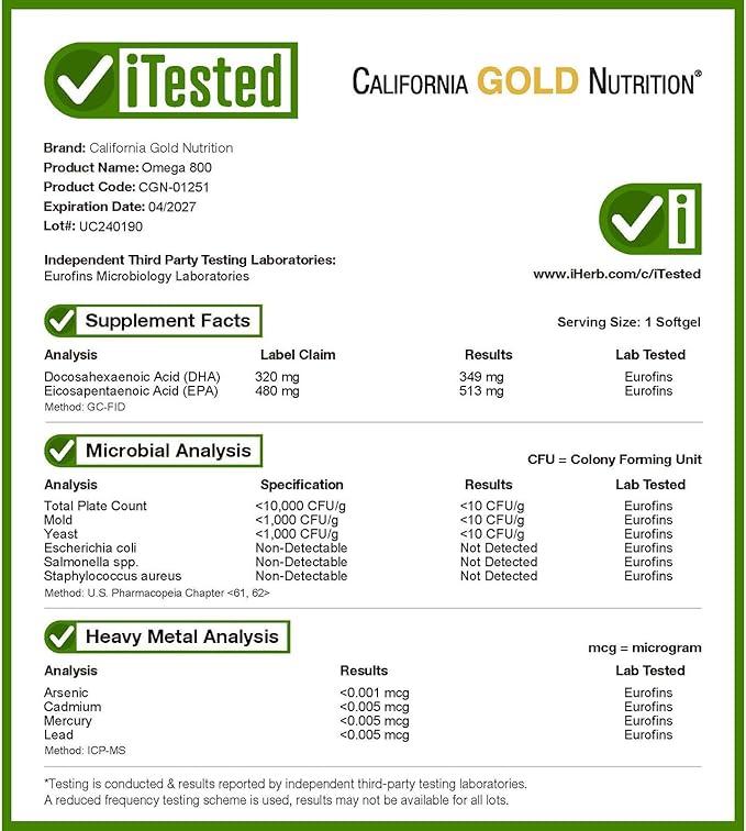 California Gold Nutrition Omega 800 Ultra-Concentrated Omega-3 Fish Oil, kd-pur Triglyceride Form, 1,000 mg, 30 Fish Gelatin Softgels