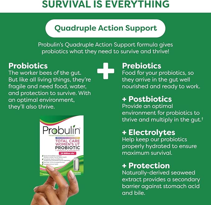 Probulin Total Care Women's Urinary Tract = Prebiotics + Probiotics + Postbiotics to Support a Healthy Vaginal Microbiome - 20 Billion CFU - 12 Strains - 30 Vegan Capsules