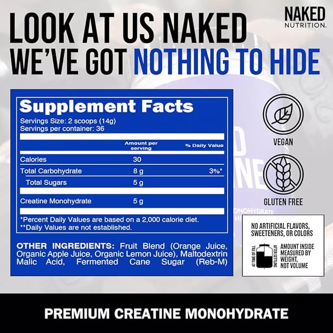 NAKED Pure Micronized Orange Creatine Monohydrate - 36 Servings - 500 Grams, 1.1Lb Bulk, Vegan, Non-GMO, Gluten Free, Soy Free. Aid Strength Gains, No Additives