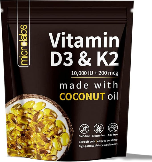 D3 K2, Vitamin D3 K2 Supplement Softgels, 2-in-1 Vitamin D3 K2 Supplement Softgel, 10000 Iu VIT D3 + 200 Mcg Vitamin K2, 300 Softgels/Pack (180)