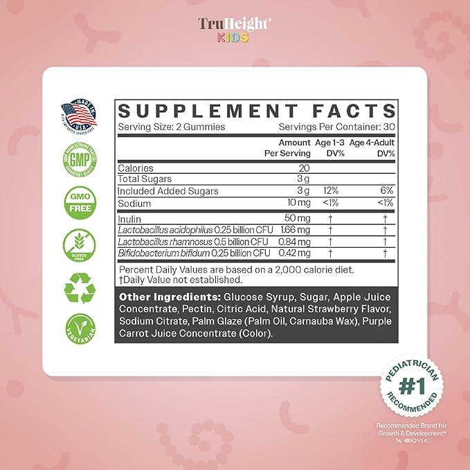 TruHeight Kids Prebiotic & Probiotic Gummies Ages 2+ (Strawberry Flavor) Toddlers & Kids All Natural Supplement for Digestive Health, Gut & Constipation Relief - Endorsed by Pediatricians Vitamins