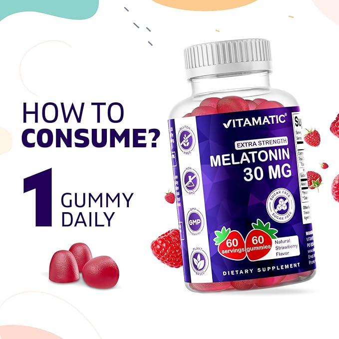 Vitamatic Sugar Free Melatonin 30mg per Gummy - 60 Servings - 60 Vegetarian Gummies - Non-Habit Forming Supplement (60 Count (Pack of 1))
