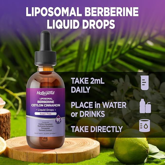Liposomal Liquid Berberine Drops Sugar Free, Berberine Extract with Ceylon Cinnamon Supplement for Adults, Immune & Digestive Support, Natural Lemon Flavor, 2 FL OZ