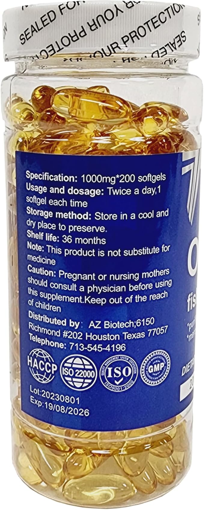 Fish Oil 1000 mg Softgels, 300 mg Omega 3 Supplements, 200 Softgels, 100 Days Supply