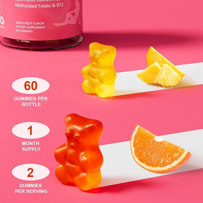 Calcium Gummies for Women 1200 mg, Unique Formula with Folate, B6, B12, D3, Magnesium, Zinc, Calcium Citrate Chewable Supplement for Bone, Skin Health, 120 Count