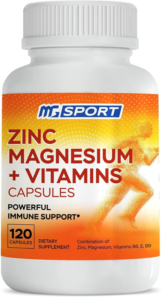Magnesium Zinc Supplement with Vitamins B6, B9, High Absorption Zinc Magnesium Combination for Immune Support, Muscle Recovery, EZ-MG Easy on Stomach, 120 Capsules