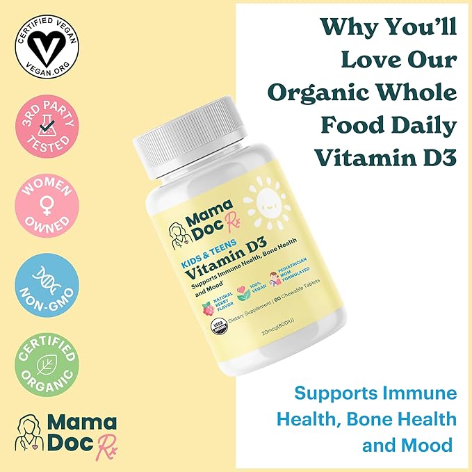 Certified Organic Kids and Teens Whole Food Vitamin D3 Chewables | 800 IU | Sugar Free, Vegan, Free of 9 Major Allergens | 2 Month Supply | Ages 3+