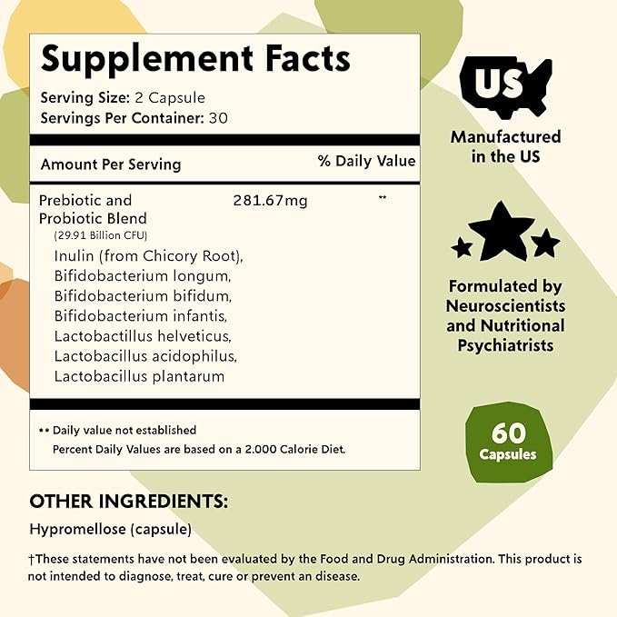 Prebiotics and Probiotics Mood Biotics by PYM with 22.91 Billion CFU (60 Count) Gut Health & Mood Support Supplement | Non-GMO, Vegan, Gluten Free