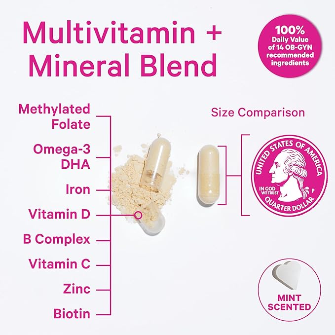 Pink Stork Total Prenatal Vitamins with DHA, Folate, Iron, Choline, and Vitamin B12 - Preconception Nutrition - Prenatals for Women, Pregnancy Must Haves - Mint Essence, 60 Capsules, 1 Month Supply