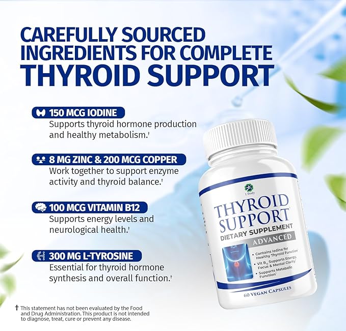 1 Body Thyroid Support Supplement with Iodine, B12, Zinc, Selenium, Ashwagandha, Non-GMO, Vegetarian, 30 Day Supply