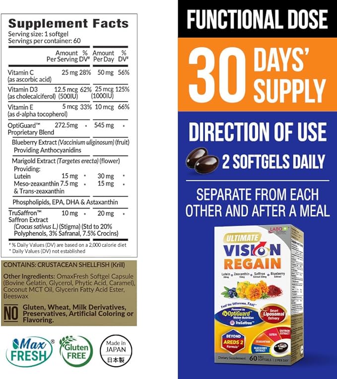 LABO Nutrition Ultimate VisionREGAIN, Eye Vitamin Beyond AREDS 2 Formula with Lutein, Zeaxanthin, Saffron Extract, Blueberry for Macular & Retinal Health, Eye Fatigue, Night Vision Support 60 Countsx3