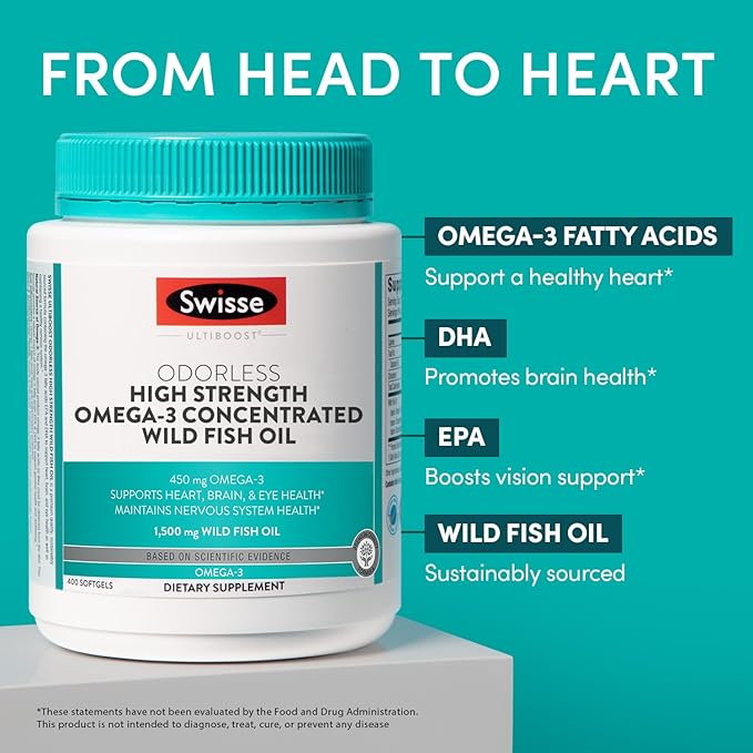 Swisse Wild Fish Oil Omega 3 Supplements for Women and Men | EPA DHA Fish Oil Supplements | Odorless - Helps Support Brain, Eye and Heart Health | High Strength 1500 mg | 400 Softgel Pills