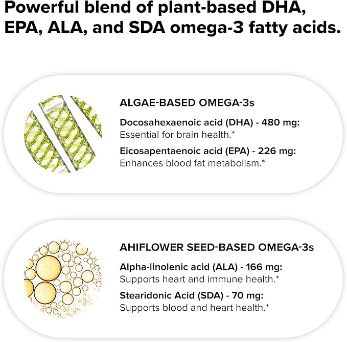 Vegan Omega 3 Supplement- 960mg Omega-3 Fatty Acids, DHA, EPA, SDA, ALA Supplement - Immune Support- 30 Servings, 60 Liquid Capsules
