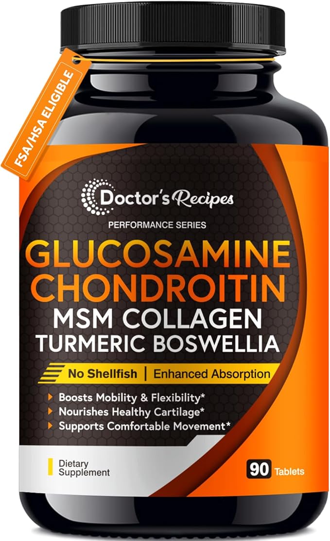 Doctor's Recipes Glucosamine Chondroitin MSM Turmeric Quercetin, Movement Support Supplement for Men & Women, with Black Pepper for High Absorption, Mobility & Flexibility, No Shellfish, 90 Tablets