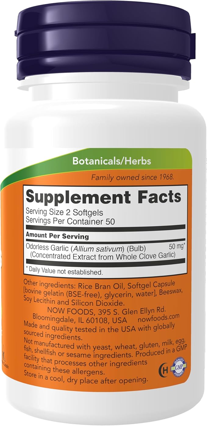 NOW Foods Supplements, Odorless Garlic (Allium sativum), Concentrated Extract, 100 Softgels