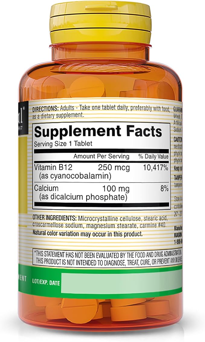 Mason Natural Vitamin B12 250 mcg with Calcium - Healthy Conversion of Food into Energy, Supports Nerve Function and Health, 100 Tablets