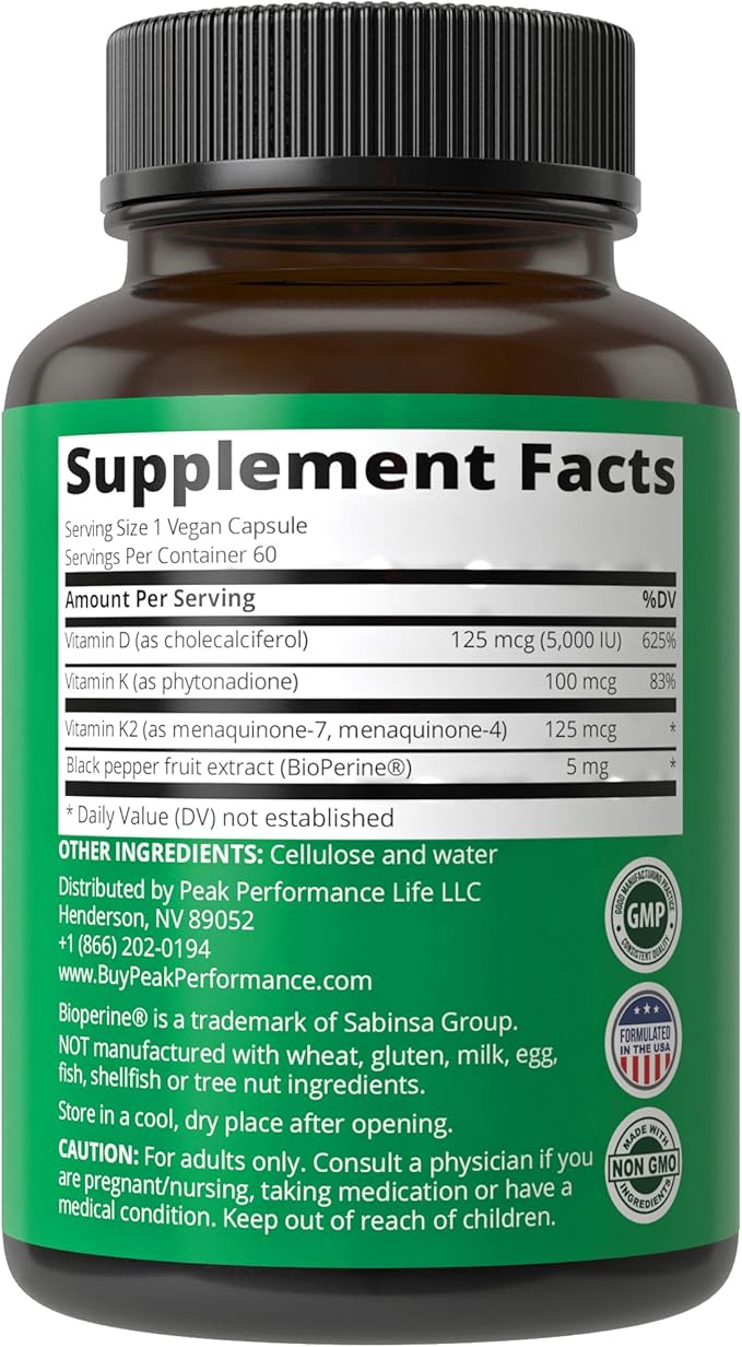 Peak Performance Advanced Vitamin D 5000 IU with All 3 Types of Vitamin K Vitamin D3 and Vitamin K2, K1, MK-7 (MK7), MK4 Supplement. 60 Small and Easy to Swallow Vegetable Pills (5000 IU)