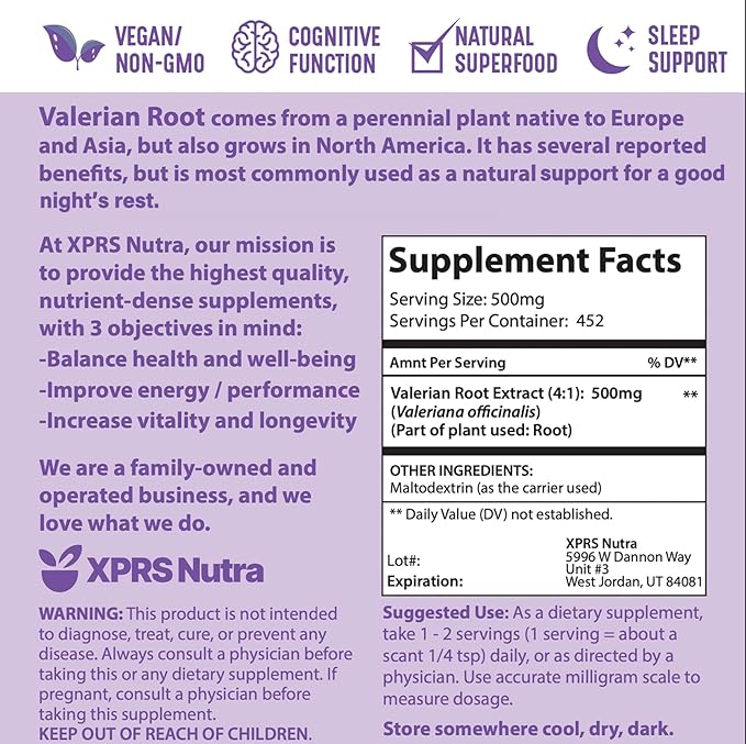 XPRS Nutra Valerian Root Extract Powder 4:1 - Premium Valerian Root Powder for Cognition - Vegan Friendly Herbal Sleep Assist (8 Ounce)