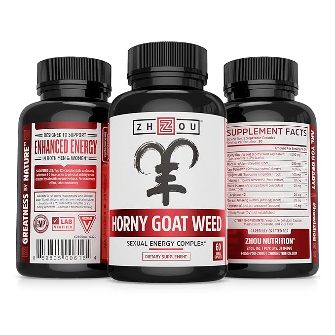 Zhou Horny Goat Weed - Herbal Extract for Men & Women, Supplement with Maca, Tribulus, Tongkat Ali & Ginseng, Maximum Strength for Health & Energy - 60 Veggie Capsules