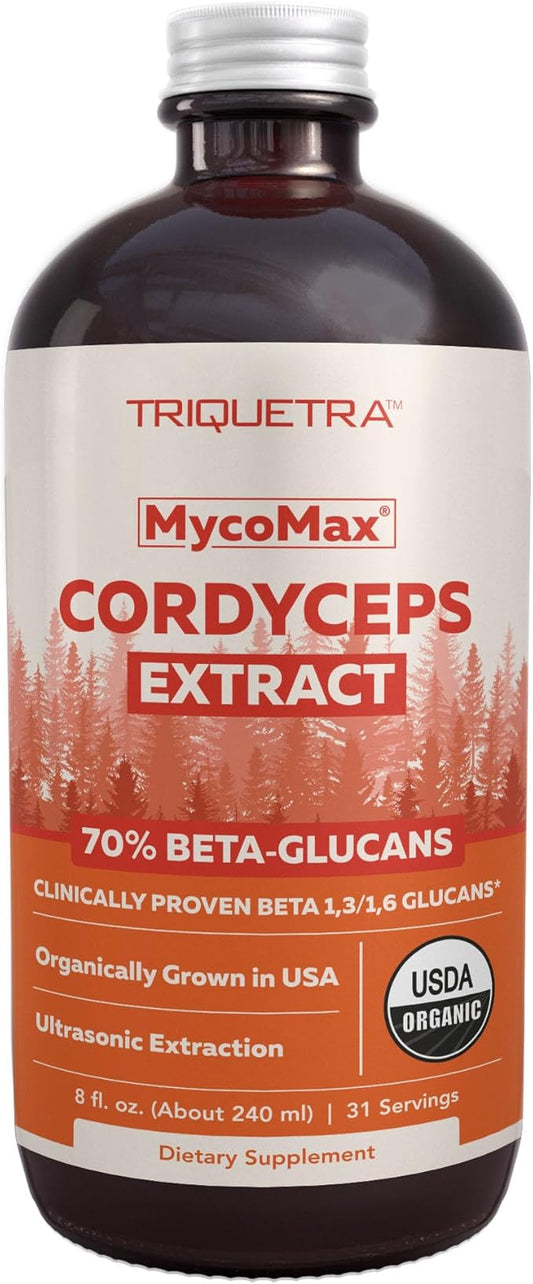 Organic Cordyceps Mushroom Extract - 70% Beta Glucans - Highest Active Nutrient Levels, Max Potency Cordyceps Tincuture, US Grown + Ultrasonic Extraction - Performance, Immunity and Energy - 8 oz.