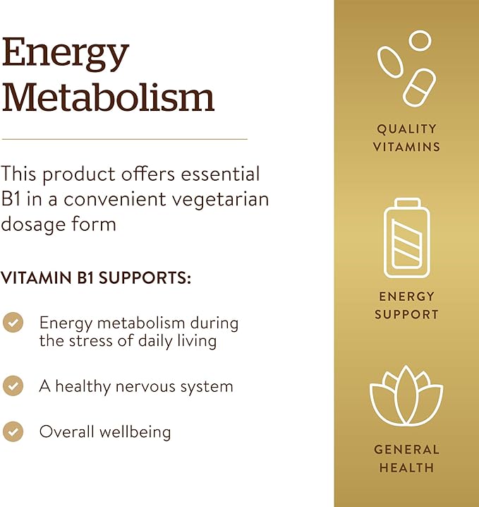 Solgar Vitamin B1 (Thiamin) 500 mg, 100 Tablets - Energy Metabolism, Healthy Nervous System, Overall Well-Being - Super Potency - Non-GMO, Vegan, Gluten Free, Dairy Free - 100 Servings