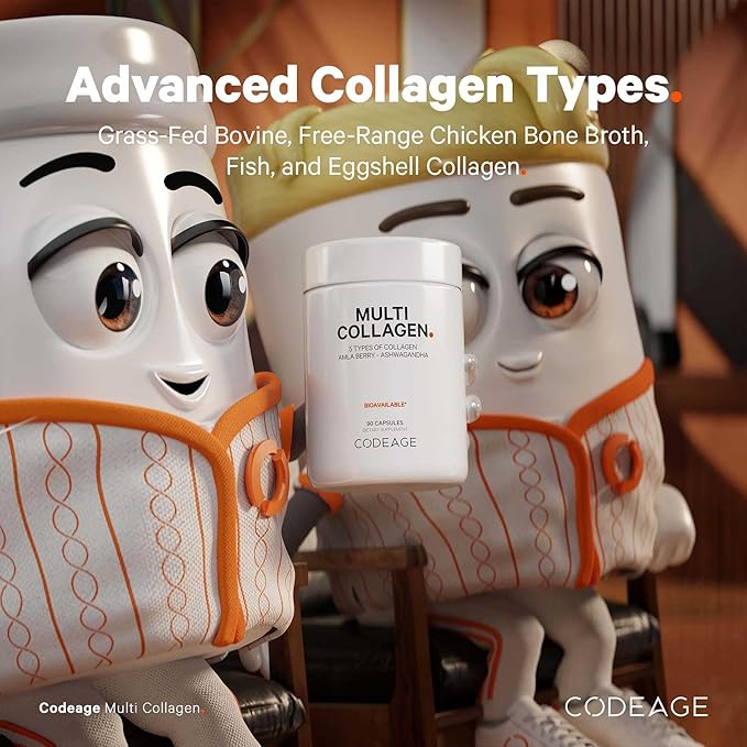Codeage Multi Collagen Capsules – 5 Collagen Types I, II, III, V & X – Hydrolyzed Grass-Fed Bovine Protein with Ashwagandha, Amla, and Vitamins - 2-Pack