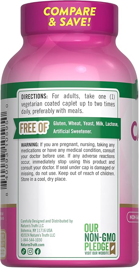 Nature's Truth Calcium 600mg with Vitamin D3 | 250 Caplets | Calcium Carbonate | Vegetarian, Non-GMO & Gluten Free Supplement