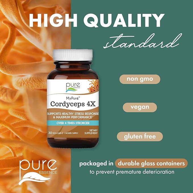 PURE ESSENCE LABS MyPure Cordyceps 4X Mushrooms - Concentrated Cordyceps Mushroom Powder Supplements for Immune System, Stress Response, Physical & Mental Performance - 1 Month Supply