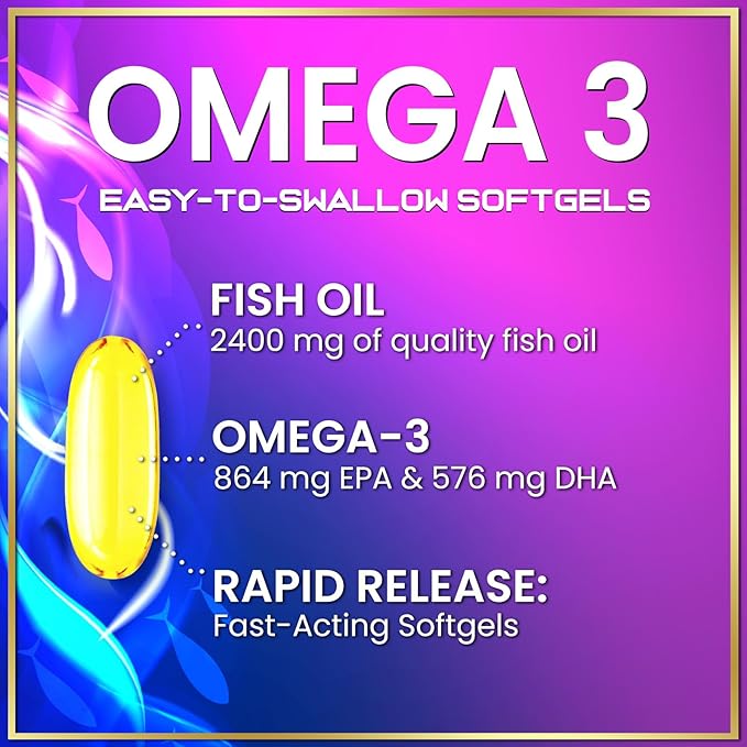 Omega 3 Fish Oil Triple Strength 2400 mg Rapid Release Softgels, Omega-3 Supplements, Natural Heart Health Brain & Joint Support - Fatty Acids with EPA & DHA - Fish Oil Supplement - 120 Softgels