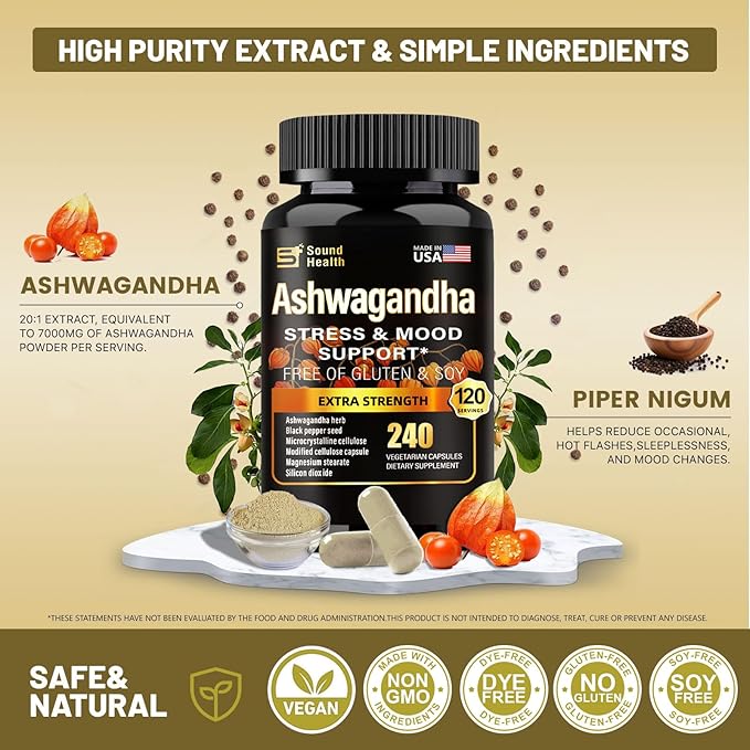 Organic Ashwagandha Capsules Supplement - 7000mg Herb Powder Equivalent per Serving - Immune Support, Hormone Balance - Enhanced Nutrient Absorption - 240 Capsules (120 Servings)