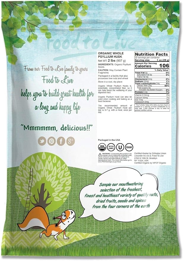 Food to Live - Organic Whole Psyllium Husks, 2 Pounds - Non-GMO Flakes, Vegan, Kosher, Keto Friendly, Raw, Unsweetened, Unflavored, Bulk, Rich in Dietary Fiber