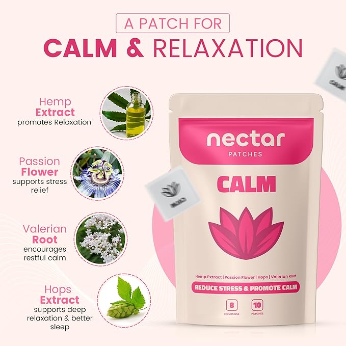 10x Calm Patches with Hemp Extract, Passion Flower, Hops & Valerian Root – Relax & Unwind, Non-Fatiguing, Sustained-Release for All-Day Calm
