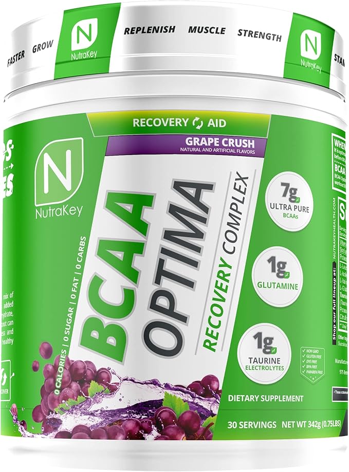 NutraKey BCAA Optima Post Workout Recovery Complex, No Sugar, No Carb, Recovery Aid, Grape