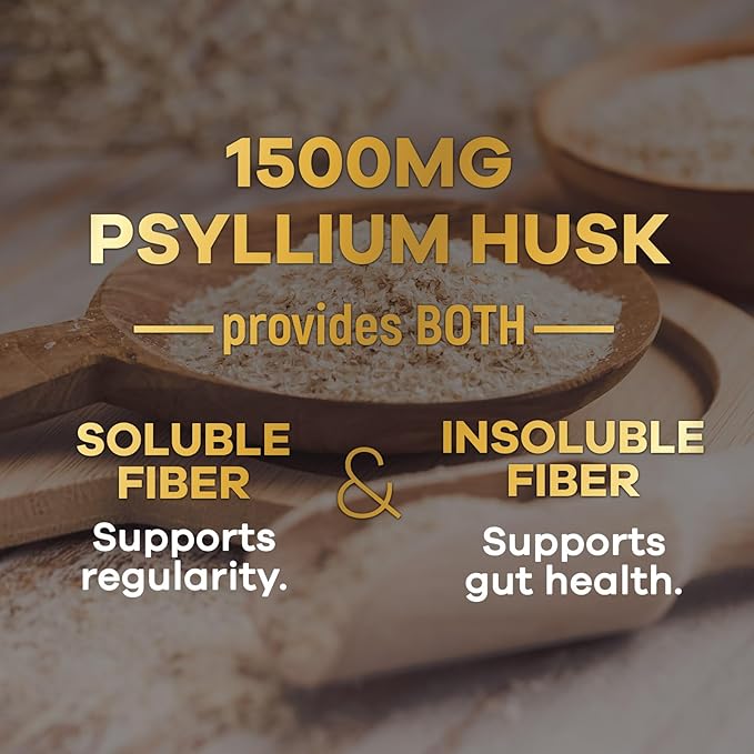 Psyllium Husk Fiber Supplement 1500mg, Natural Daily Soluble & Insoluble Fiber Pills, Psyllium Husk Powder Capsules Supports Digestion Colon Health & Regularity, Plant Based Supplement - 180 Capsules