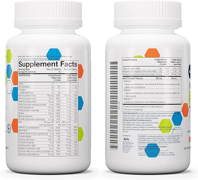 4Life RiteStart Kids and Teens- Apple, Orange Flavors, 22 Essential Vitamins, Minerals, Immune System and Brain Support Ages 2+ - 120 Chewable Tablets