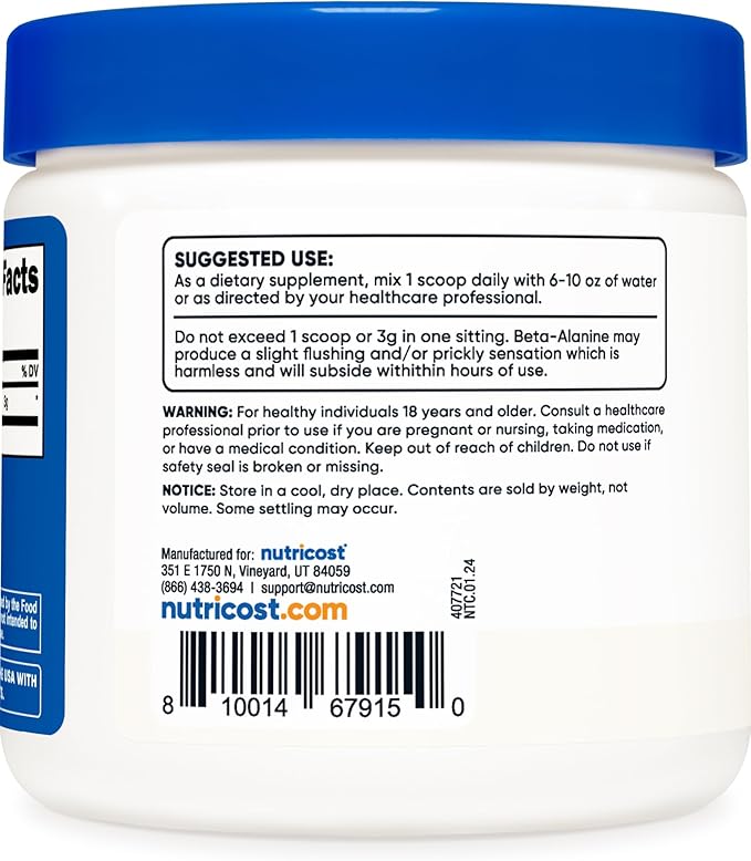 Nutricost Beta Alanine Powder 300 Grams (10.7oz) - 3 Grams Per Serving