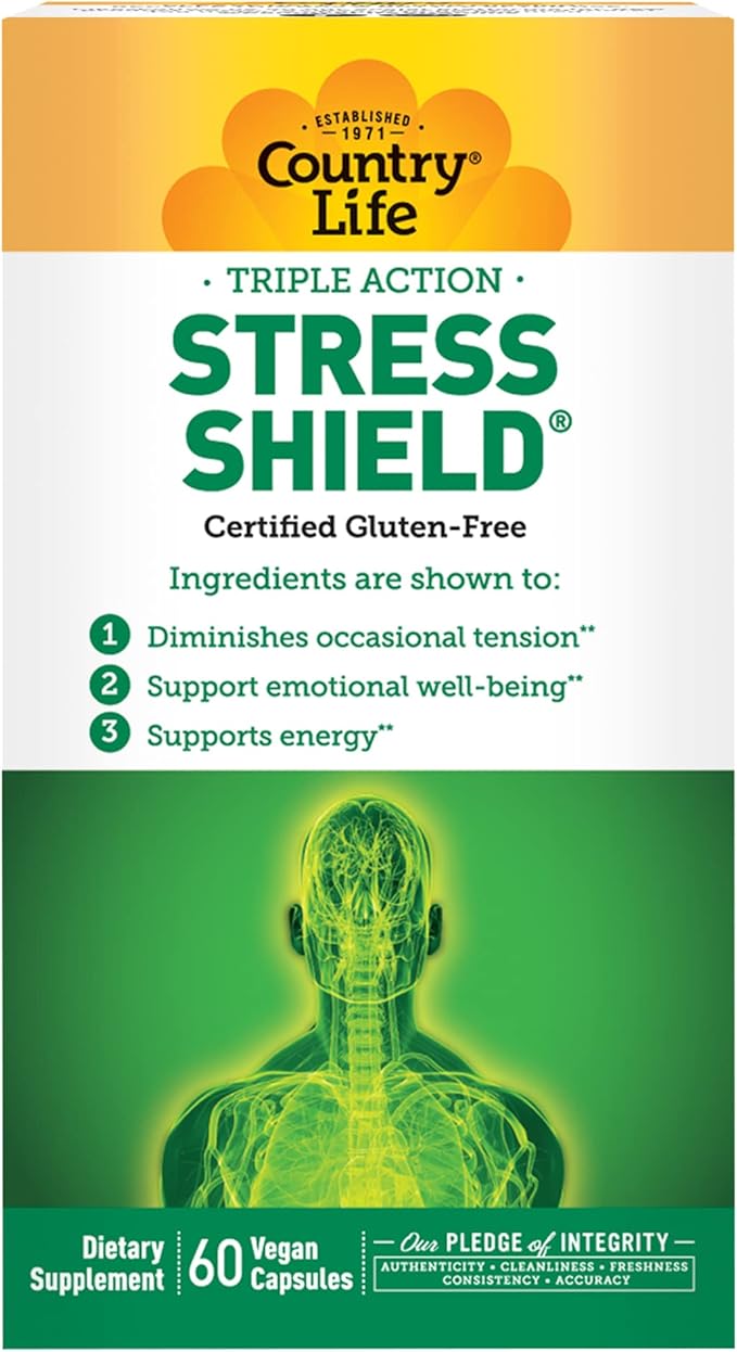 Country Life Stress Shield – Stress & Tension Relief Supplement with Ashwagandha, B-Vitamins for Energy & Emotional Well-Being, Supports Mental Clarity & Resilience, Gluten-Free, Vegan, 60 Capsules